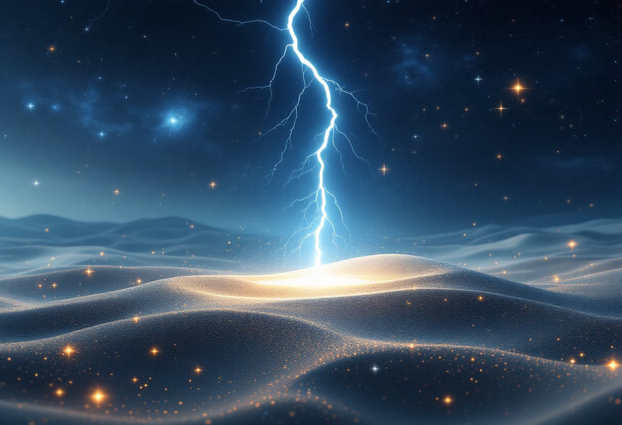 Lightning strike over darkened terrain, symbolic of improbable contact